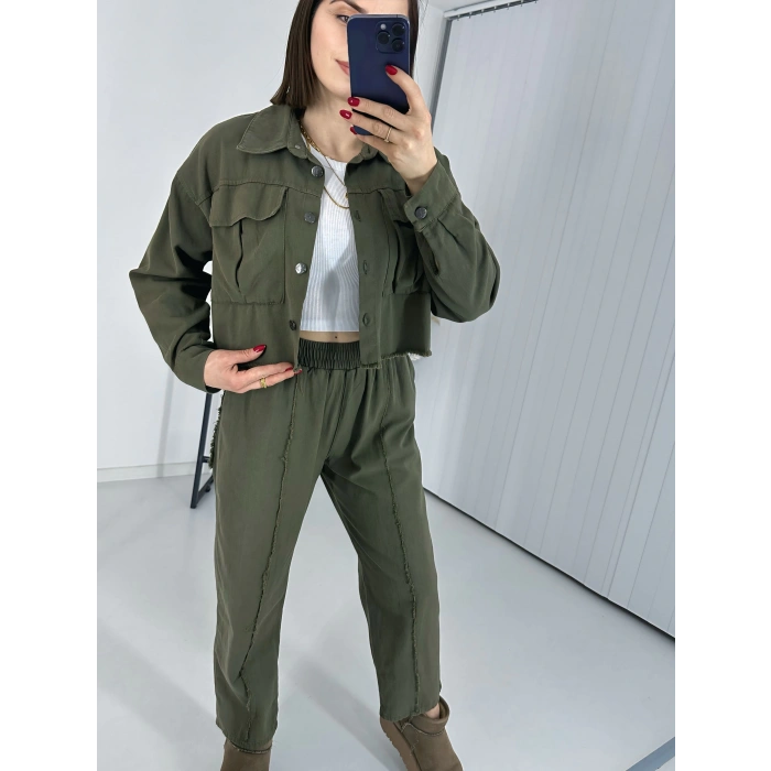 Çift Cepli Ceket Ve Dikiş Detaylı Pantolon İkili Takım - Haki