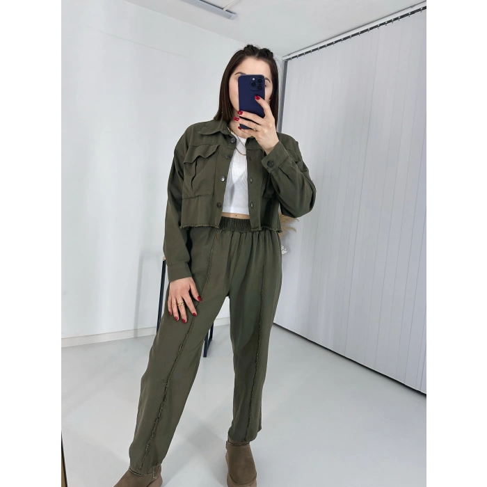 Çift Cepli Ceket Ve Dikiş Detaylı Pantolon İkili Takım - Haki