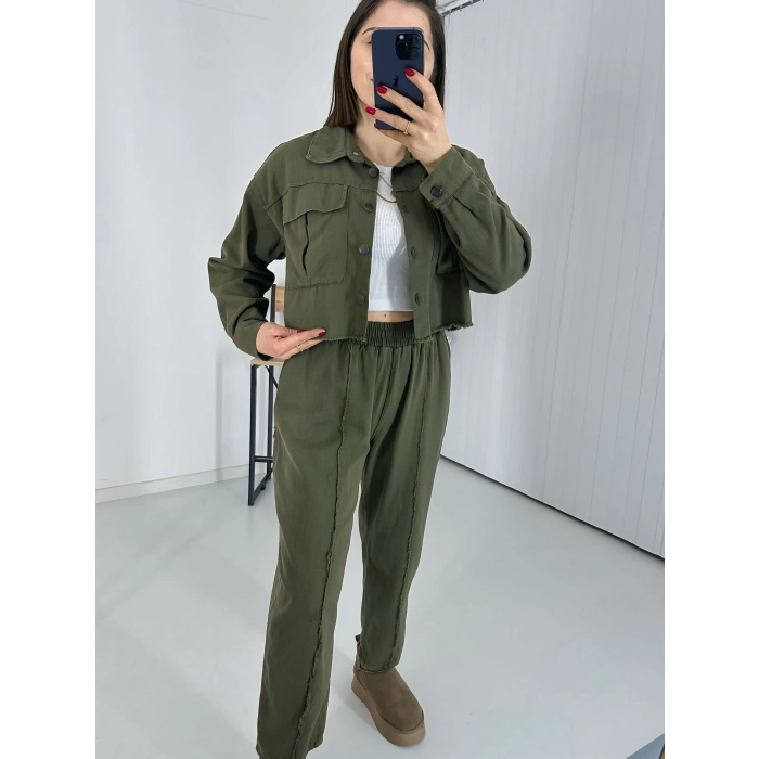 Çift Cepli Ceket Ve Dikiş Detaylı Pantolon İkili Takım - Haki