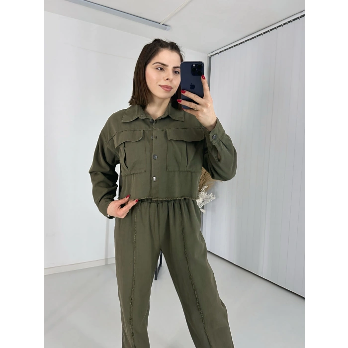 Çift Cepli Ceket Ve Dikiş Detaylı Pantolon İkili Takım - Haki