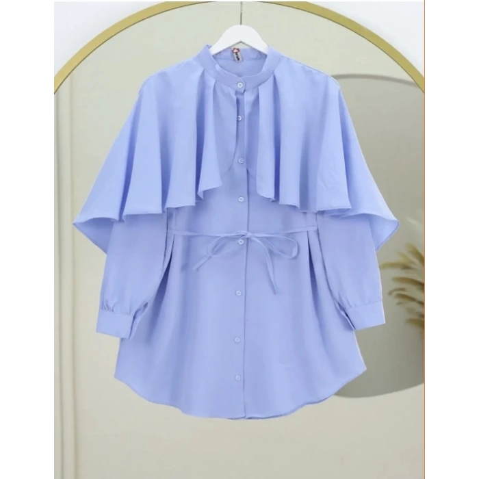 Dik Yaka Pelerin Detaylı Poplin Gömlek Mavi