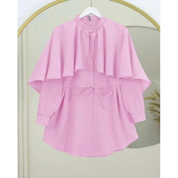 Dik Yaka Pelerin Detaylı Poplin Gömlek Pembe
