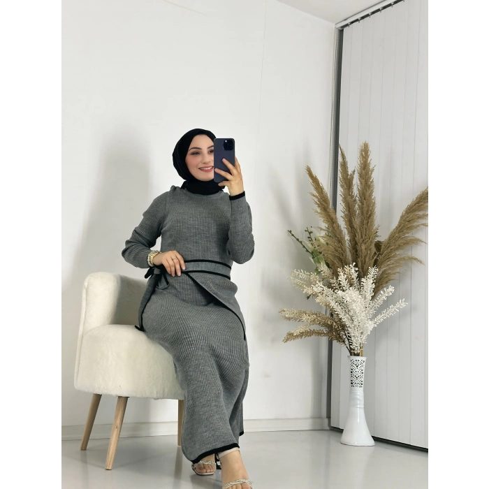 Eteği Bağlamalı Triko Elbise Gri