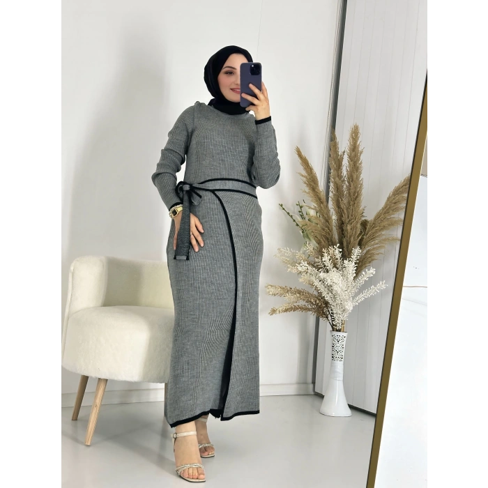 Eteği Bağlamalı Triko Elbise Gri