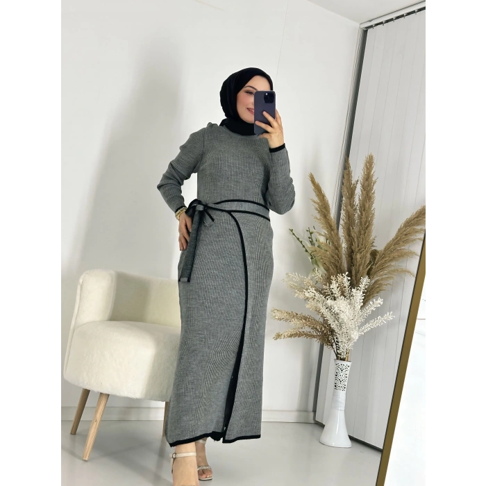 Eteği Bağlamalı Triko Elbise Gri