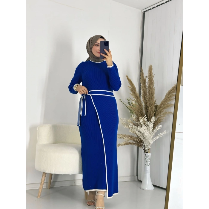 Eteği Bağlamalı Triko Elbise Saxs