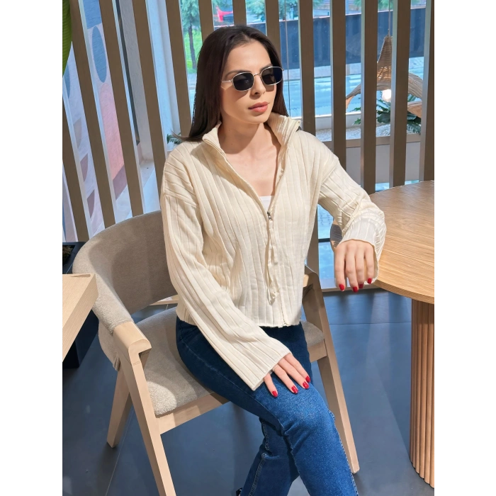 Fitilli fermuar detay hırka Bej