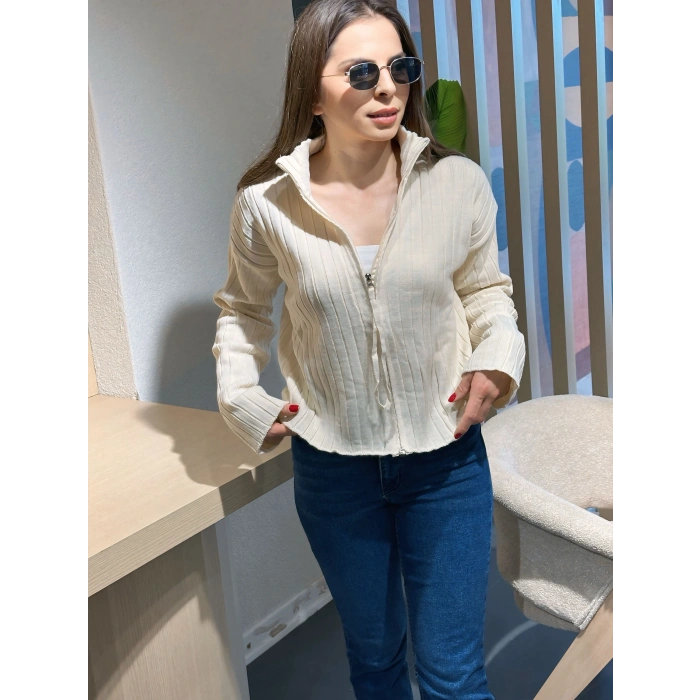 Fitilli fermuar detay hırka Bej