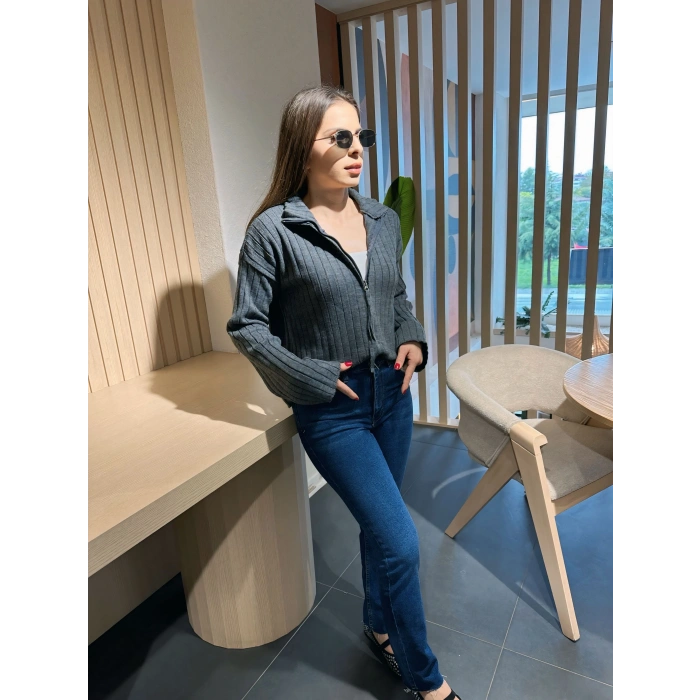 Fitilli fermuar detay hırka gri