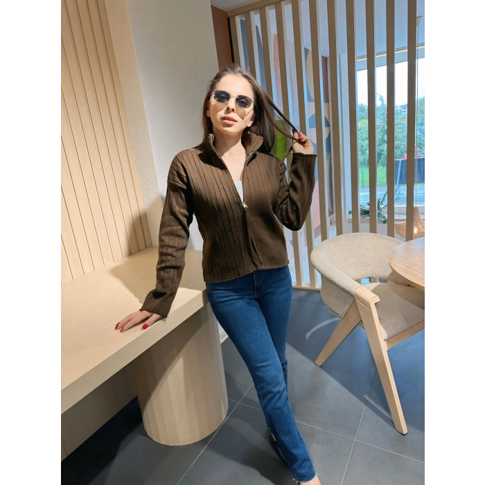 Fitilli fermuar detay hırka kahve