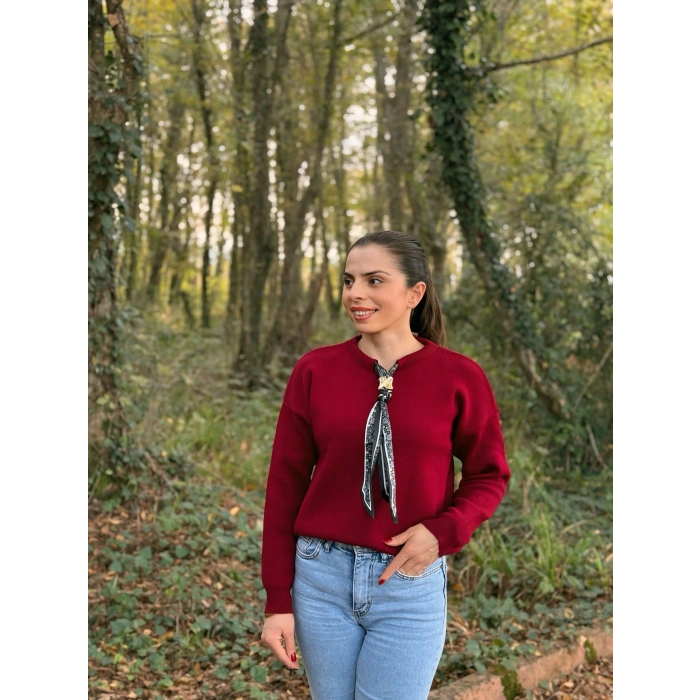 Fular detay düz yaka kazak bordo