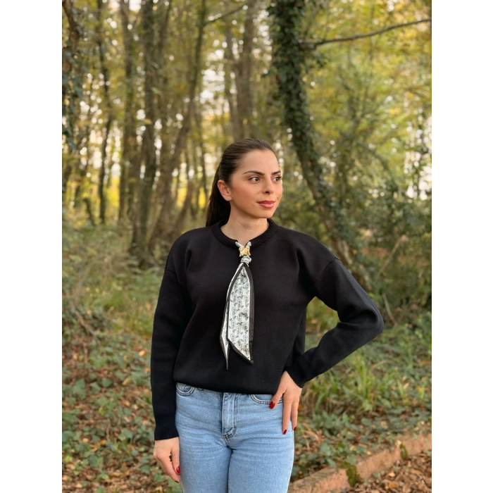 Fular detay düz yaka kazak lacivert