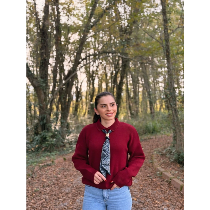 Fular detay Polo yaka kazak bordo