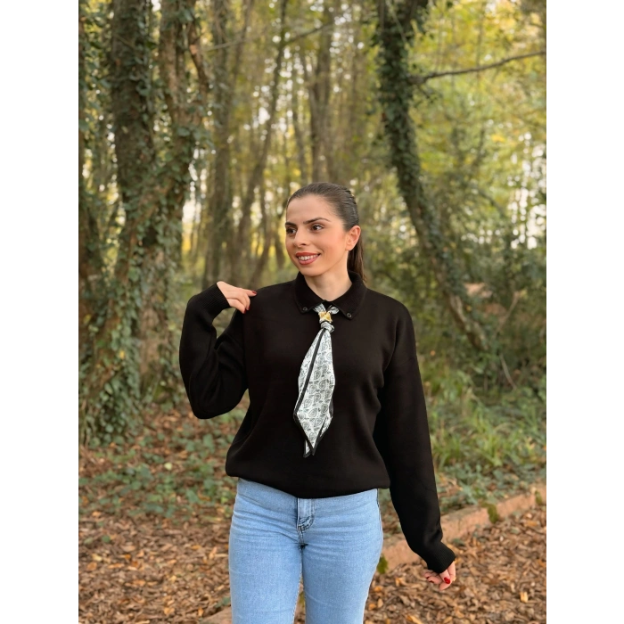 Fular detay Polo yaka kazak siyah