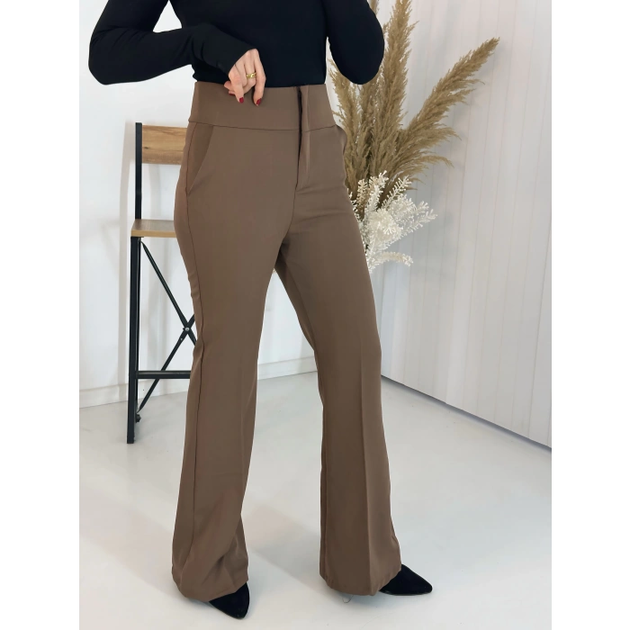 Full Yüksek Bel Kahve İspanyol Kumaş Pantolon