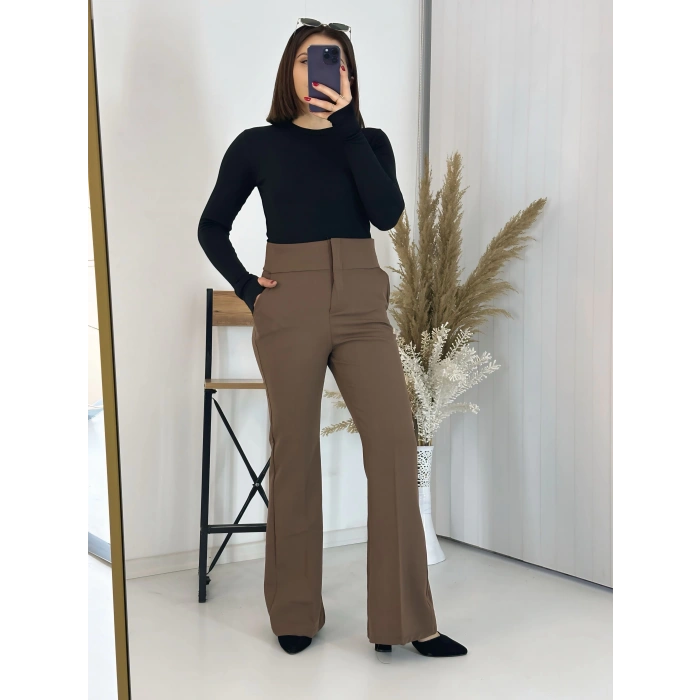 Full Yüksek Bel Kahve İspanyol Kumaş Pantolon