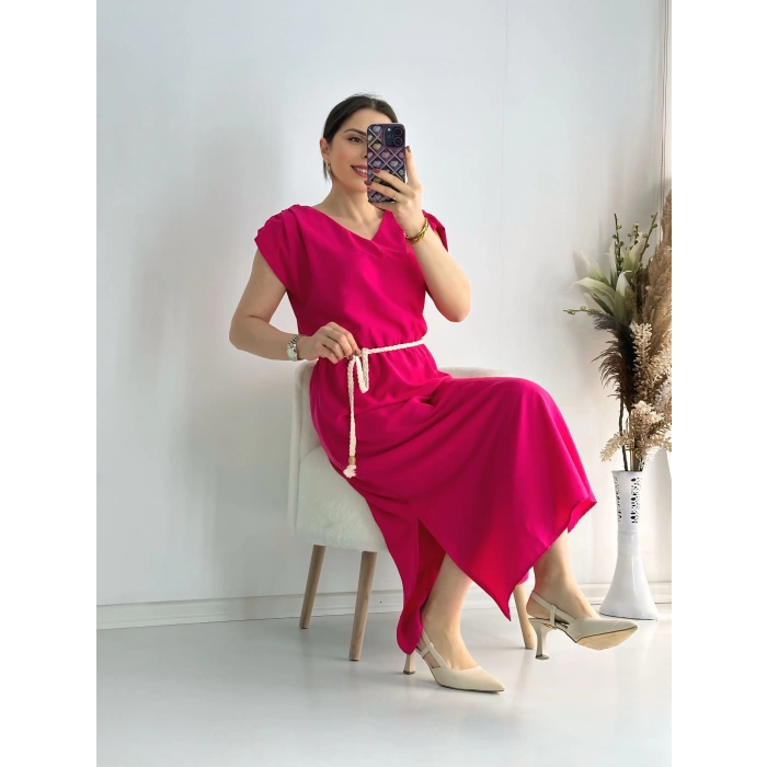 Fuşya Kemerli Midi Boy Elbise