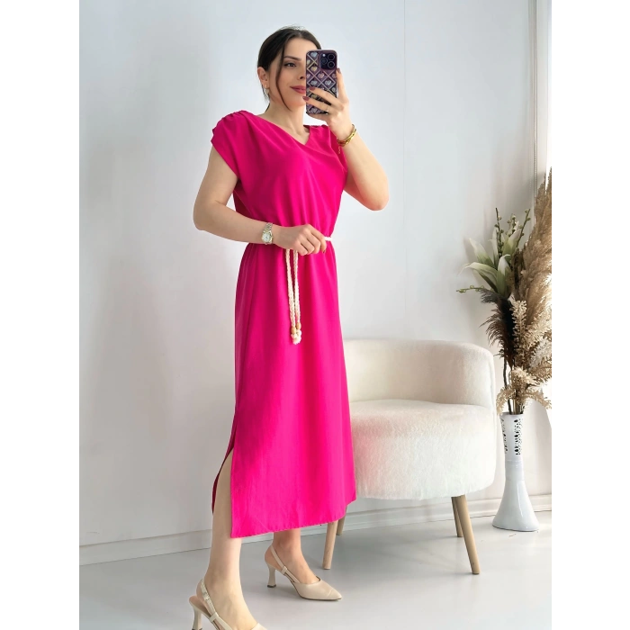 Fuşya Kemerli Midi Boy Elbise