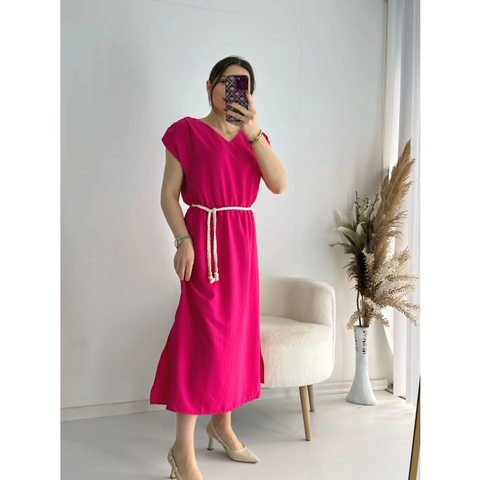 Fuşya Kemerli Midi Boy Elbise