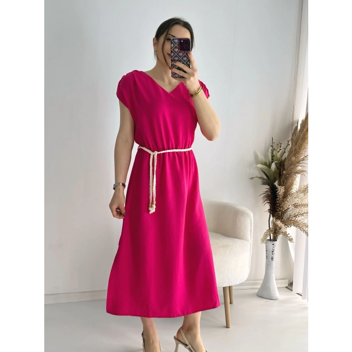 Fuşya Kemerli Midi Boy Elbise