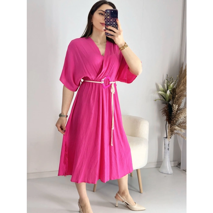 Fuşya Kravuze Kemerli Elbise