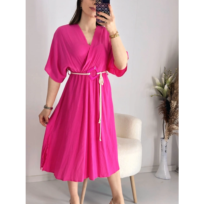Fuşya Kravuze Kemerli Elbise