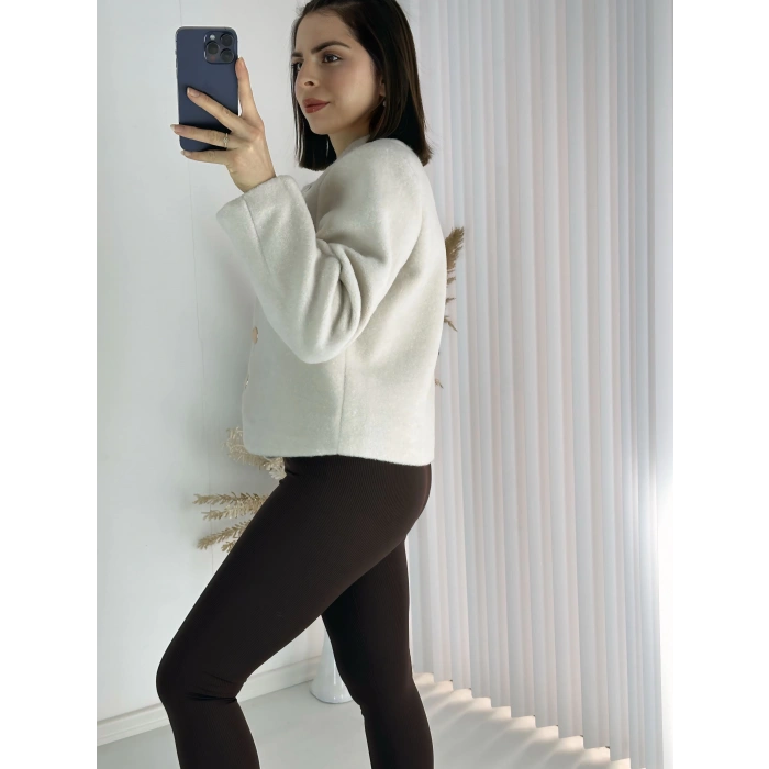 Gold Düğmeli Kaşe Ceket - EKRU