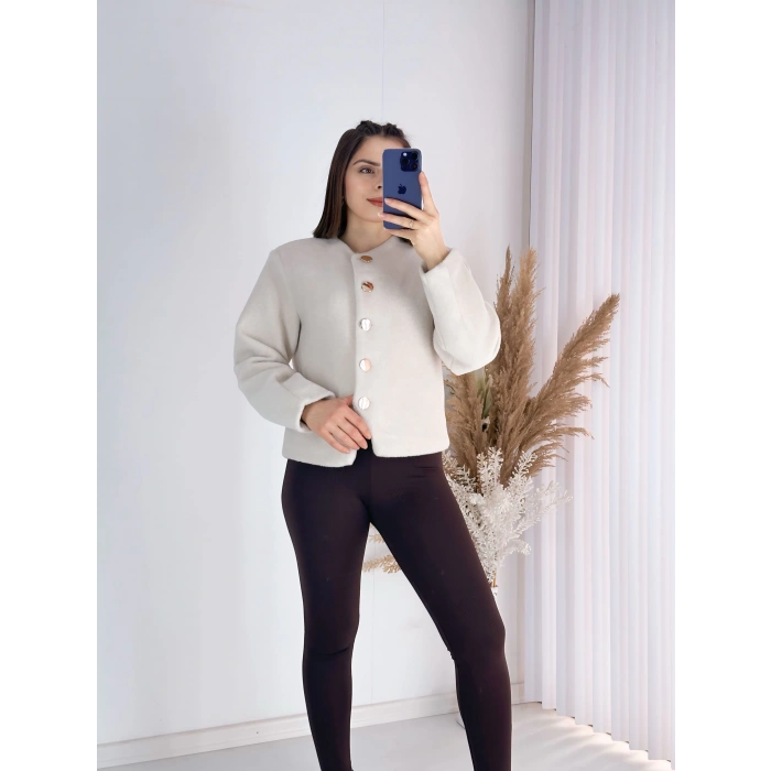Gold Düğmeli Kaşe Ceket - EKRU