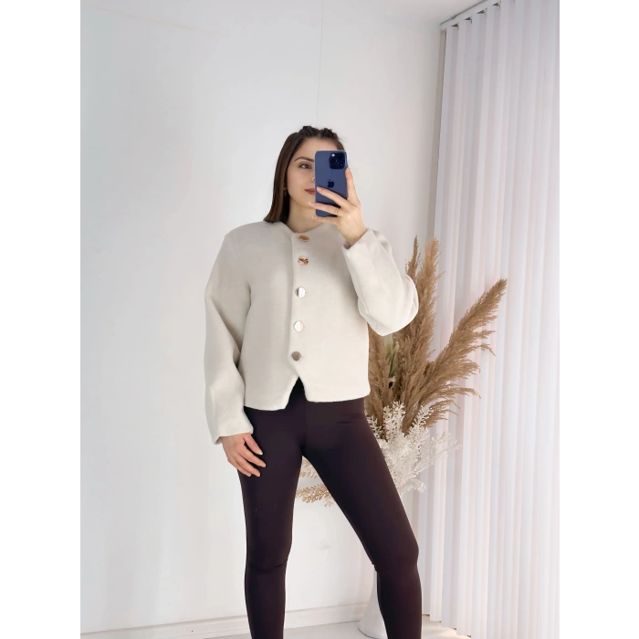 Gold Düğmeli Kaşe Ceket - EKRU