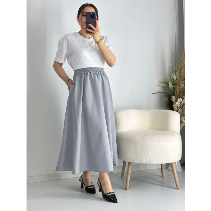 Gri Beli Lastiklı Kloş Balon Etek