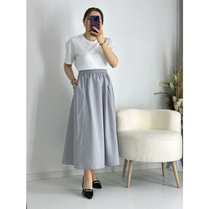 Gri Beli Lastiklı Kloş Balon Etek