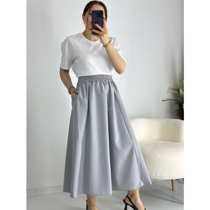 Gri Beli Lastiklı Kloş Balon Etek