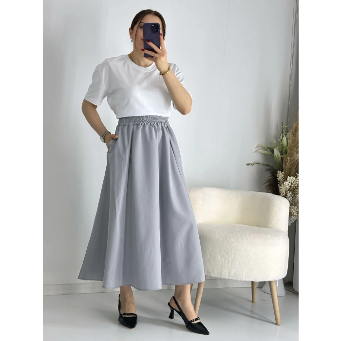 Gri Beli Lastiklı Kloş Balon Etek