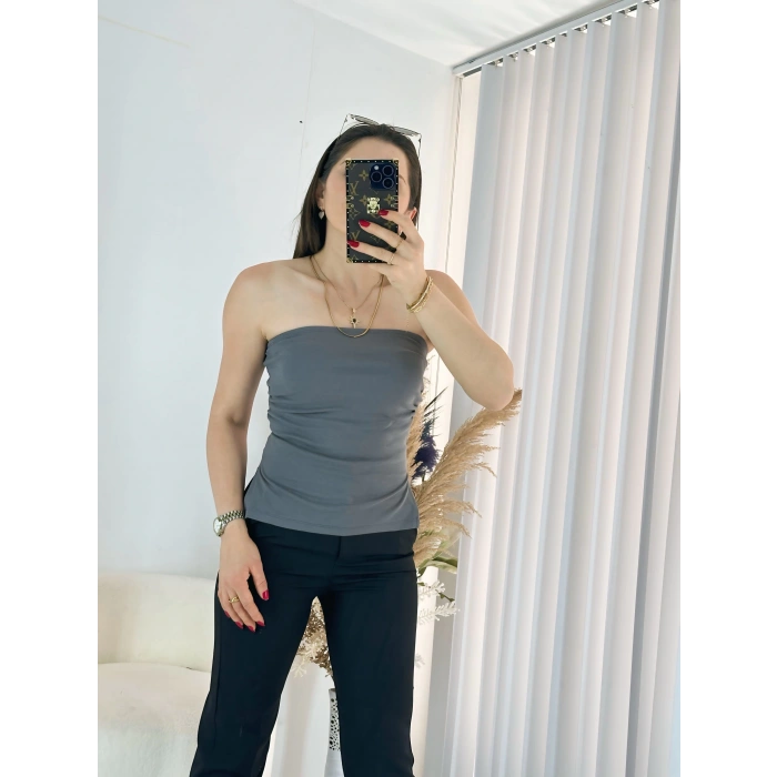 Gri Çift Yırtmaçlı Straplez Bluz