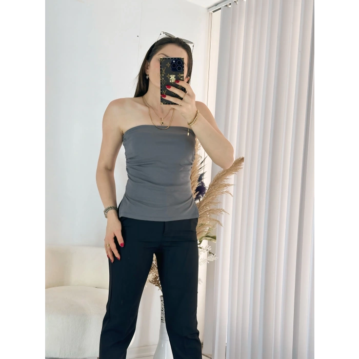 Gri Çift Yırtmaçlı Straplez Bluz