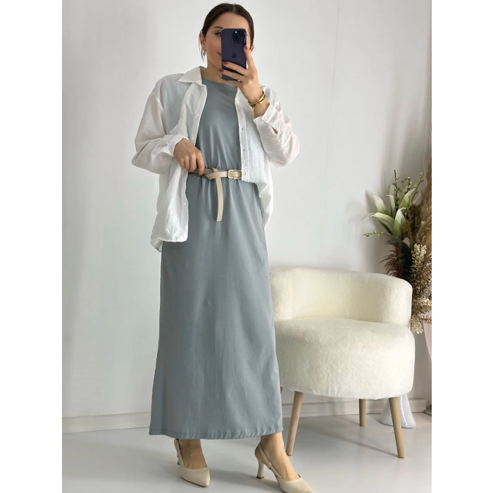 Gri Vatkalı Penye Elbise