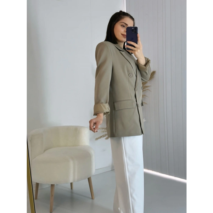 Haki Kravuze Yaka Düğmeli Premium Ceket