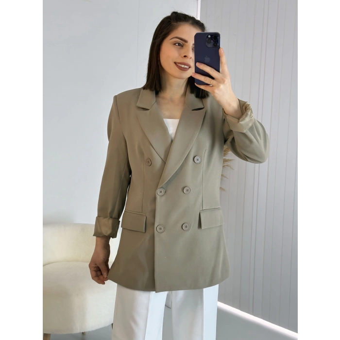 Haki Kravuze Yaka Düğmeli Premium Ceket