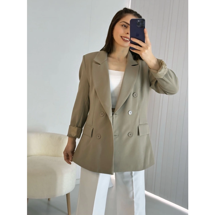 Haki Kravuze Yaka Düğmeli Premium Ceket