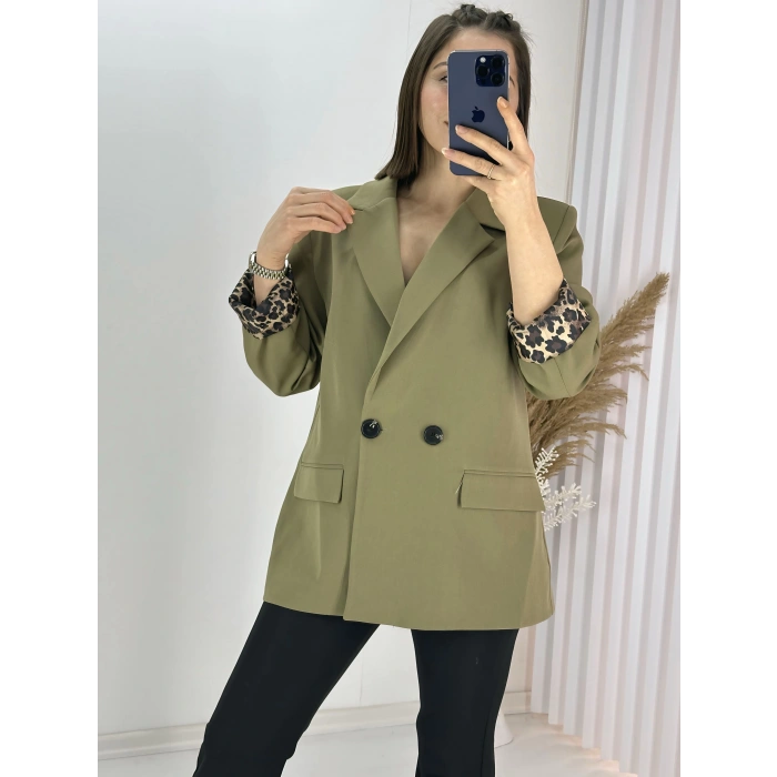 Haki Leopar Astarlı Atlas Kumaş Blazer Ceket