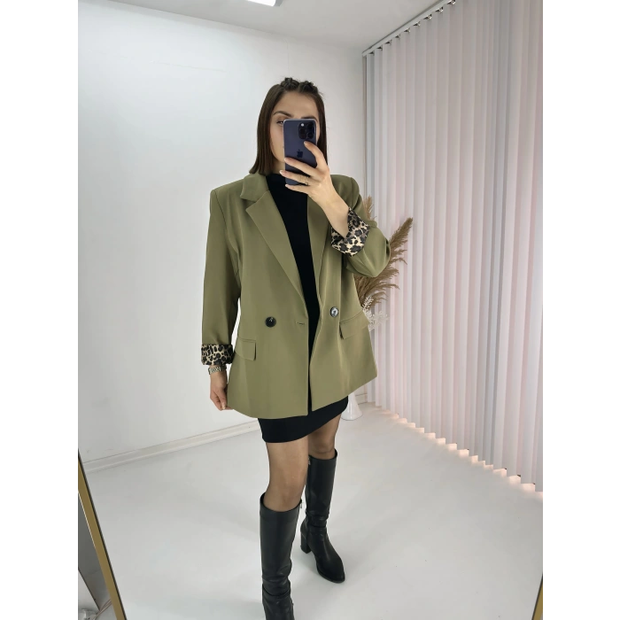 Haki Leopar Astarlı Atlas Kumaş Blazer Ceket