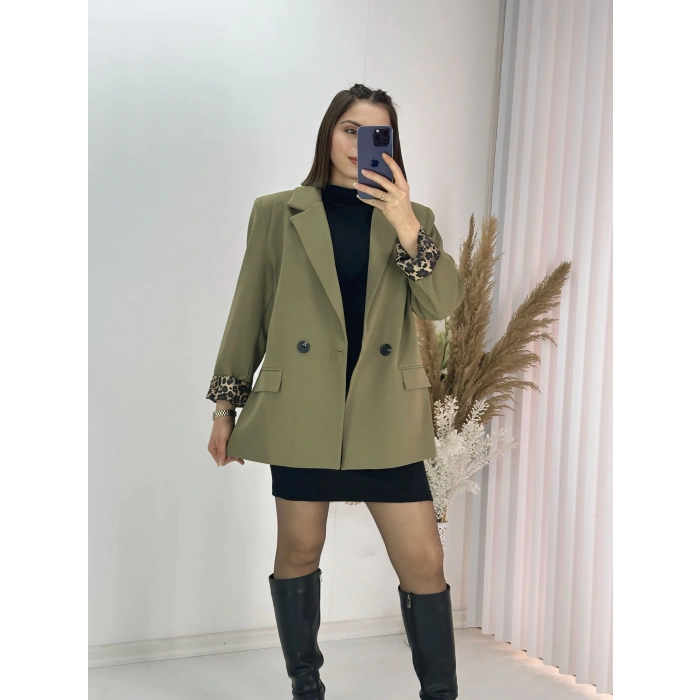 Haki Leopar Astarlı Atlas Kumaş Blazer Ceket