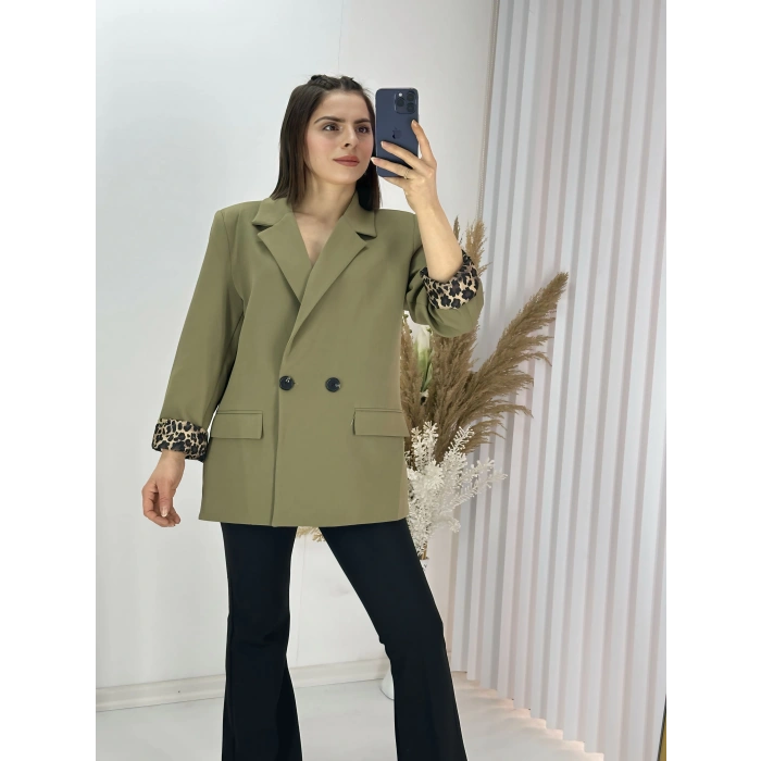 Haki Leopar Astarlı Atlas Kumaş Blazer Ceket