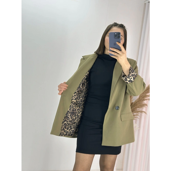 Haki Leopar Astarlı Atlas Kumaş Blazer Ceket