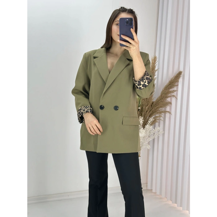 Haki Leopar Astarlı Atlas Kumaş Blazer Ceket