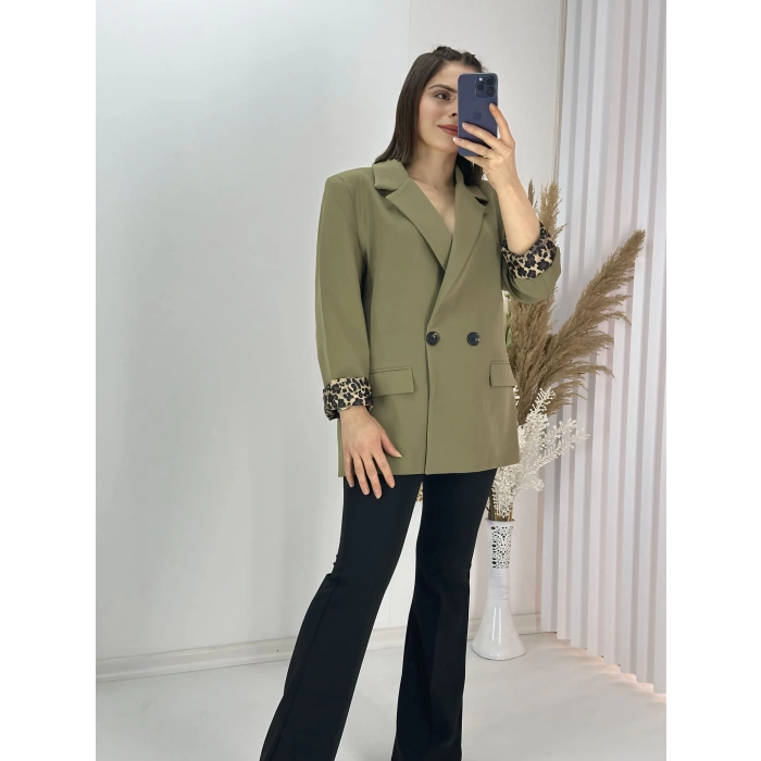 Haki Leopar Astarlı Atlas Kumaş Blazer Ceket