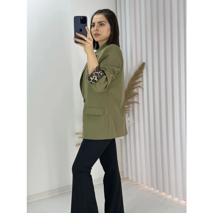 Haki Leopar Astarlı Atlas Kumaş Blazer Ceket