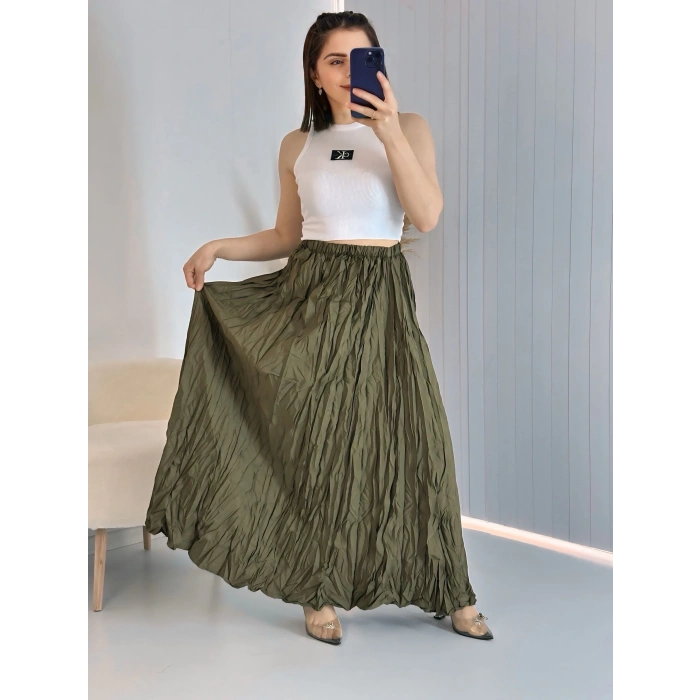 Haki Yeşil Kraşlı Pamuk Uzun Etek