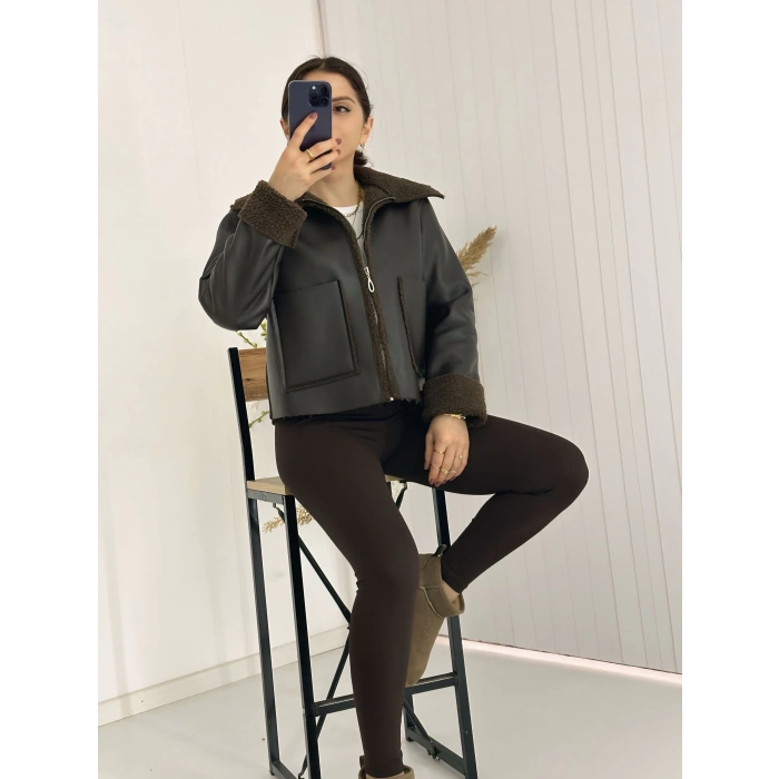 İçi Kürklü Suni Deri Biker Ceket