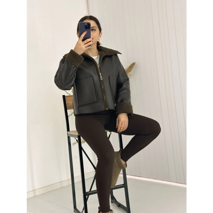 İçi Kürklü Suni Deri Biker Ceket